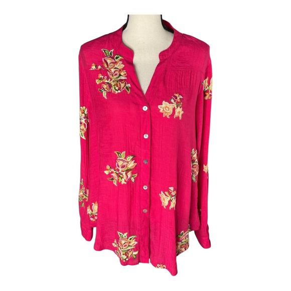 figueroa & flower Tops - Figueroa & Flower Floral Blouse Pink Embroidered XL Button Roll‎ Tab Sleeve Fig